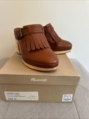 Madewell Chestnut Leather Fringe Clog Mules